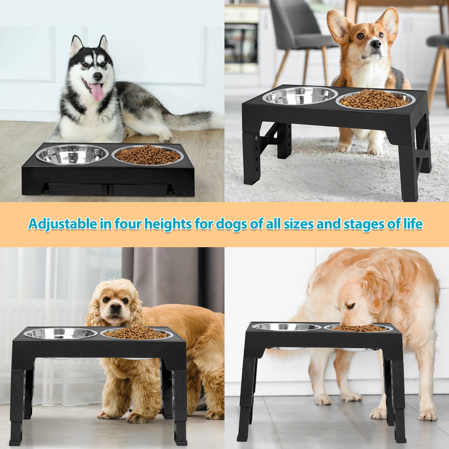 Elevated Dog Bowls with 2 Stainless Steel Dog Food Bowls, Raised Dog Bowl Adjusts to 5 Heights (3.15", 8.66", 9.84",11.02", 12.2