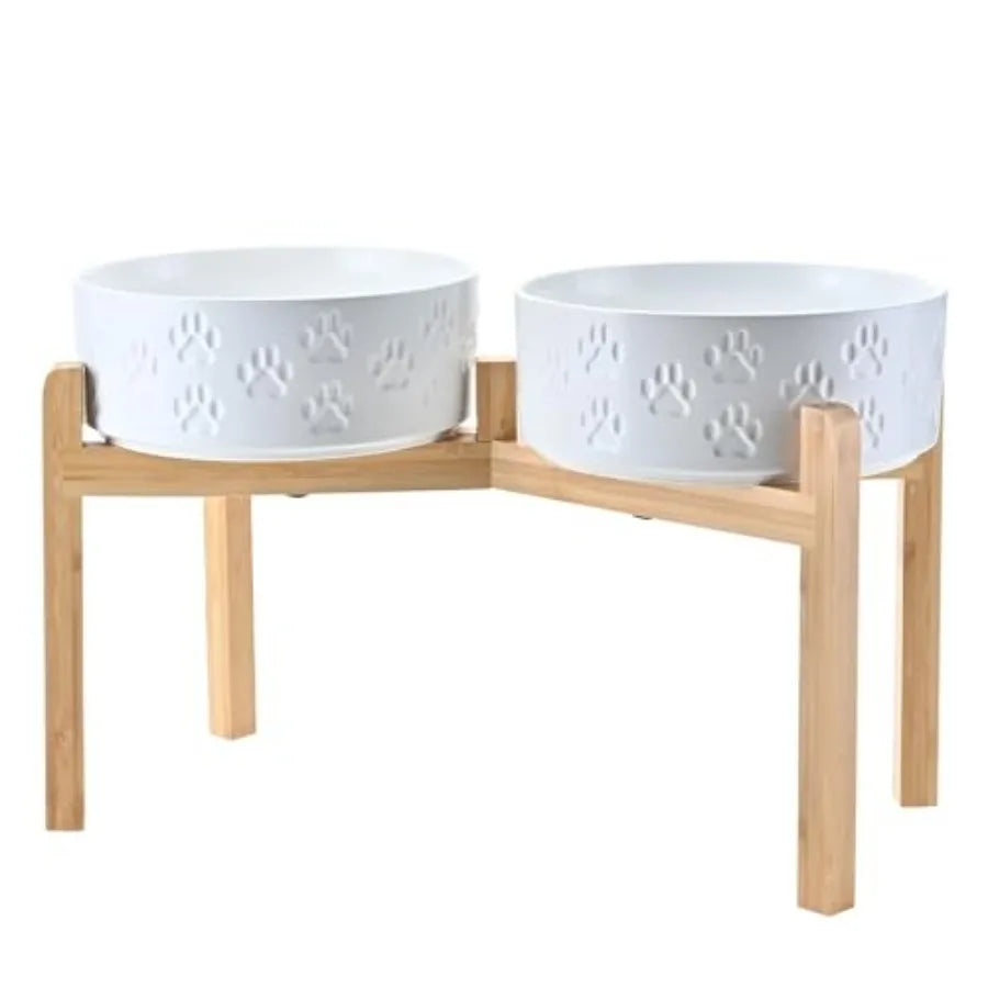 Elevated Dog Bowls Ceramic 6.1'' Dogs and Cat Food Water Bowls Raised with Non-Slip Bamboo Stand for Medium Sized Breed Microwa