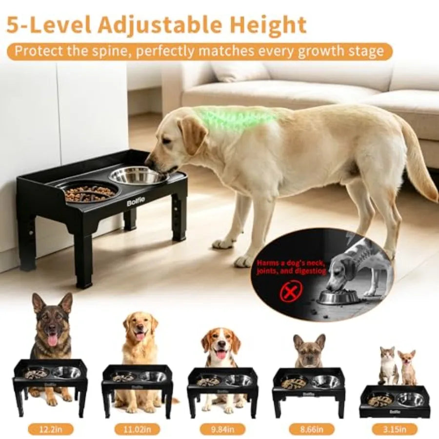 Elevated Dog Bowls for Small Medium Large Dogs 5 Adjustable Heights, 2-in-1 Raised Dog Feeder with 2 Stainless Steel Bowls and