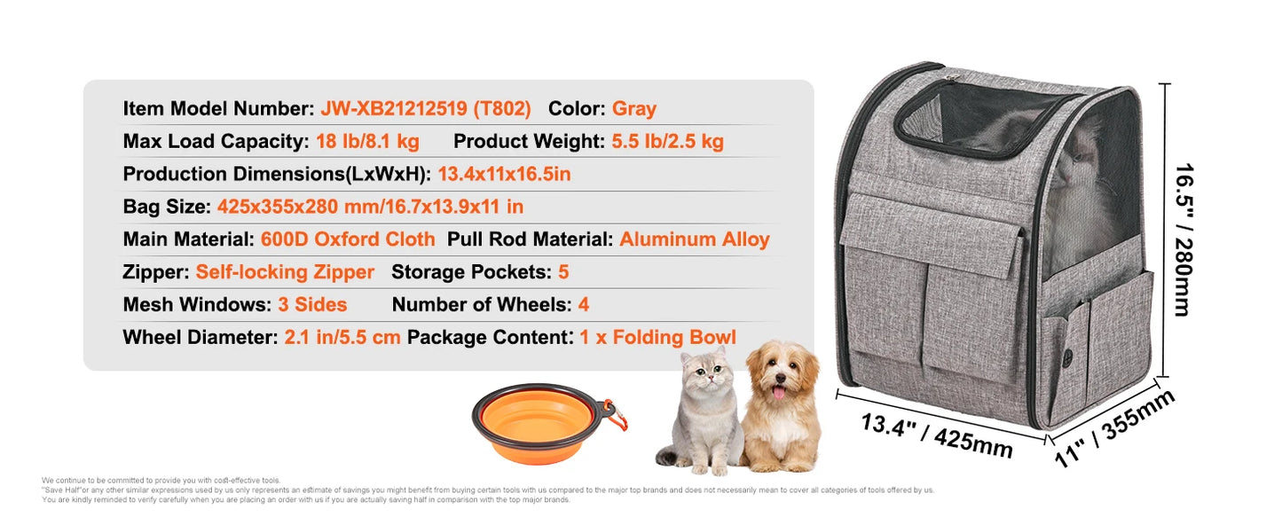 SucceBuy Pet Cat Carrier Breathable Outgoing Dog Carry Backpack with Telescopic Handle Wheels and Shoulder Strap for Travel Trip