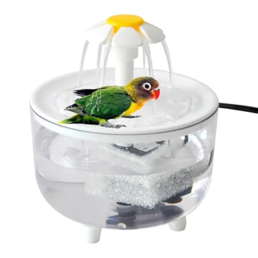 Indoor bird bath for parakeets, budgies, cockatiels with fountain, circulating filter, and pump; plastic, white; automatic show