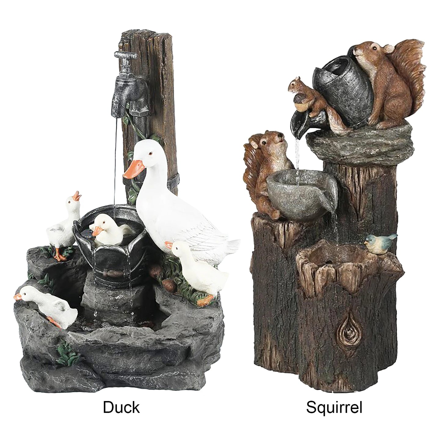 Duck /Squirrel Fountain Ornament Water Fountain Duck Statue Landscaping Decor with Light Water Fountain Squirrel Statue for Lawn