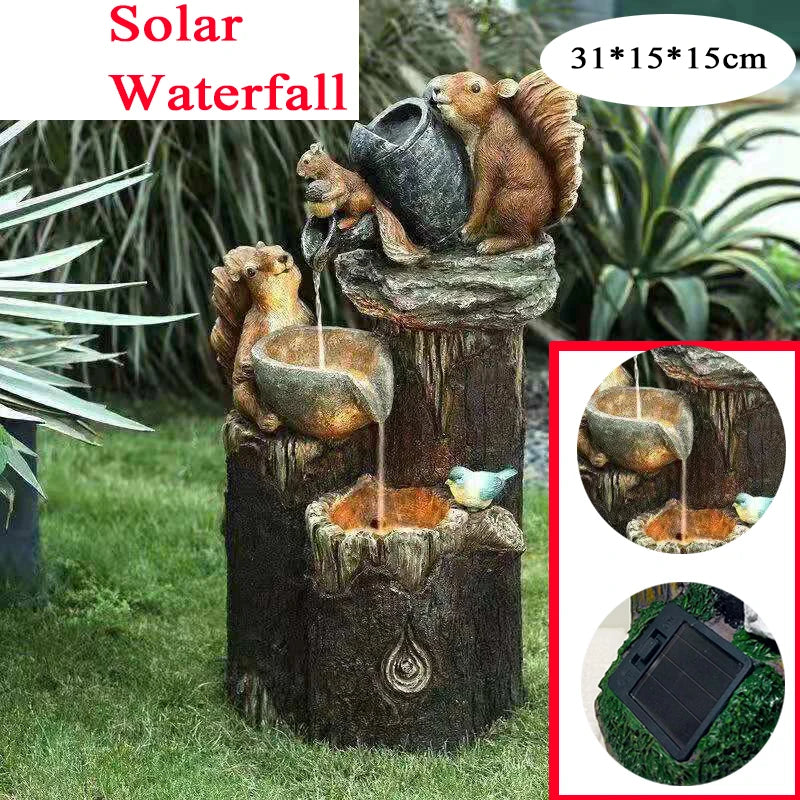 D2 Solar Power Resin Patio Fountain Garden Design With Led Light Duck Squirrel Garden Buildings Simulation Decoration Outdoor