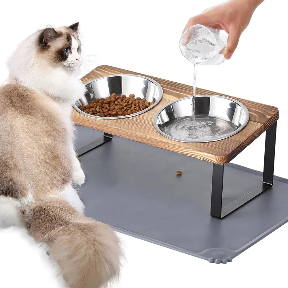 Elevated bamboo board painted cat bowl  tilt bracket anti-vomiting elevated cat bowl stainless steel cat bowls puppy bowl