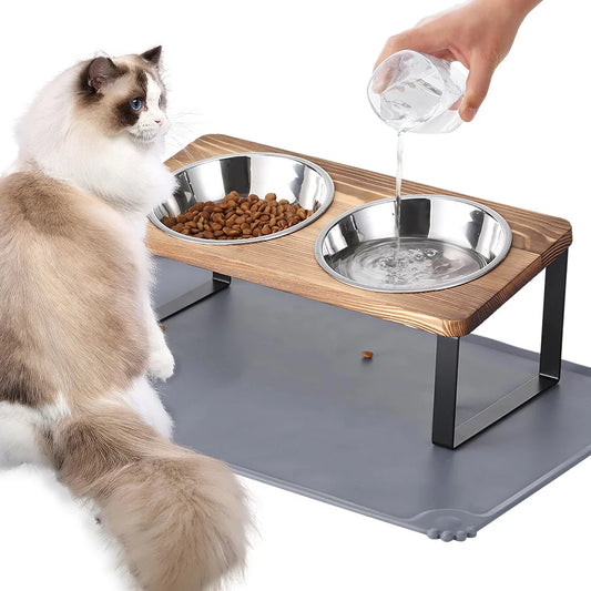 Elevated bamboo board painted cat bowl  tilt bracket anti-vomiting elevated cat bowl stainless steel cat bowls puppy bowl