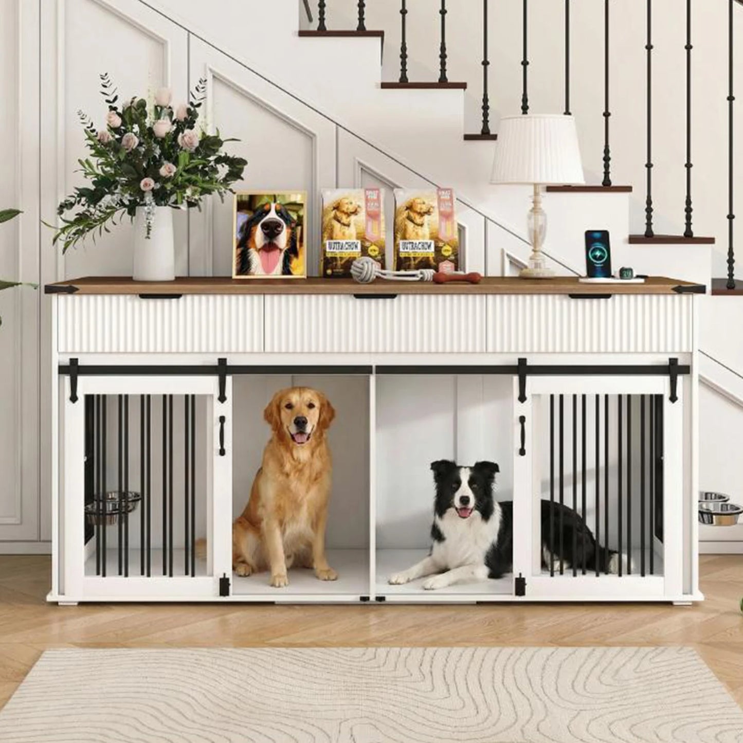 71 inch Pet Dogs Furniture Large Dog House Kennel with 3 Slot Drawers,Waterproof Walnut Tabletop,Power Socket,Feeder Bowls