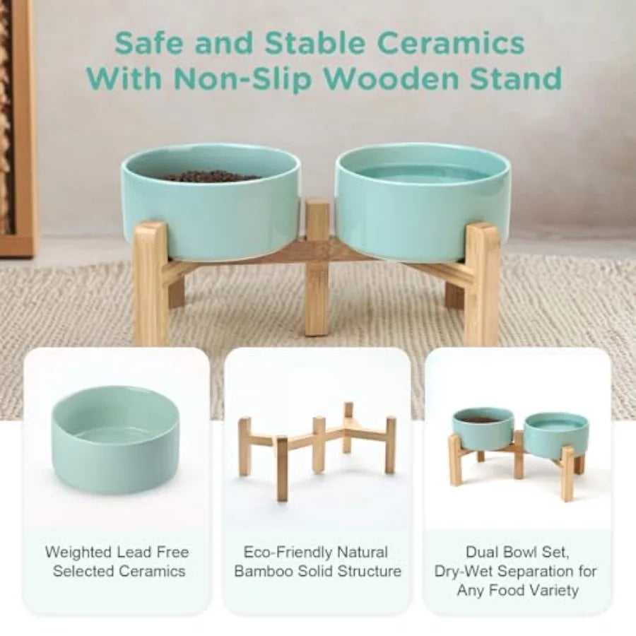 Elevated Dog Bowls Ceramic 6.1'' Dogs and Cat Food Water Bowls Raised with Non-Slip Bamboo Stand for Medium Sized Breed Microwa