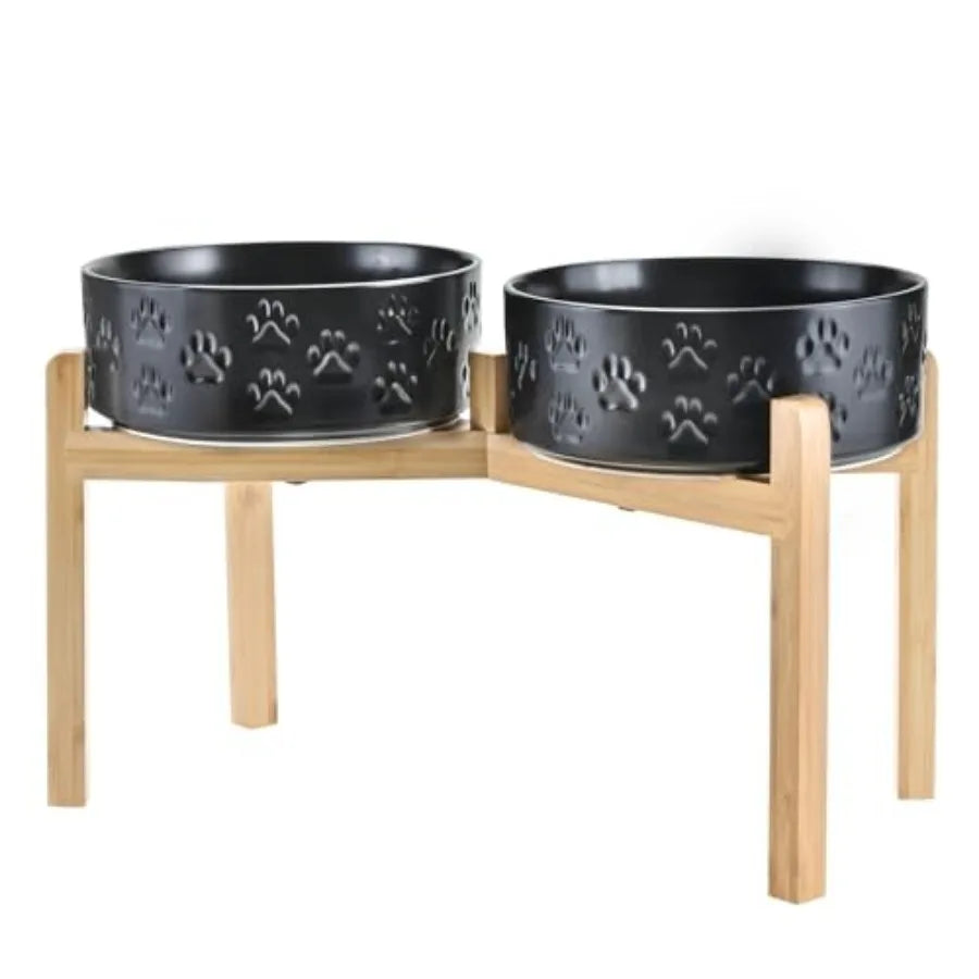Elevated Dog Bowls Ceramic 6.1'' Dogs and Cat Food Water Bowls Raised with Non-Slip Bamboo Stand for Medium Sized Breed Microwa