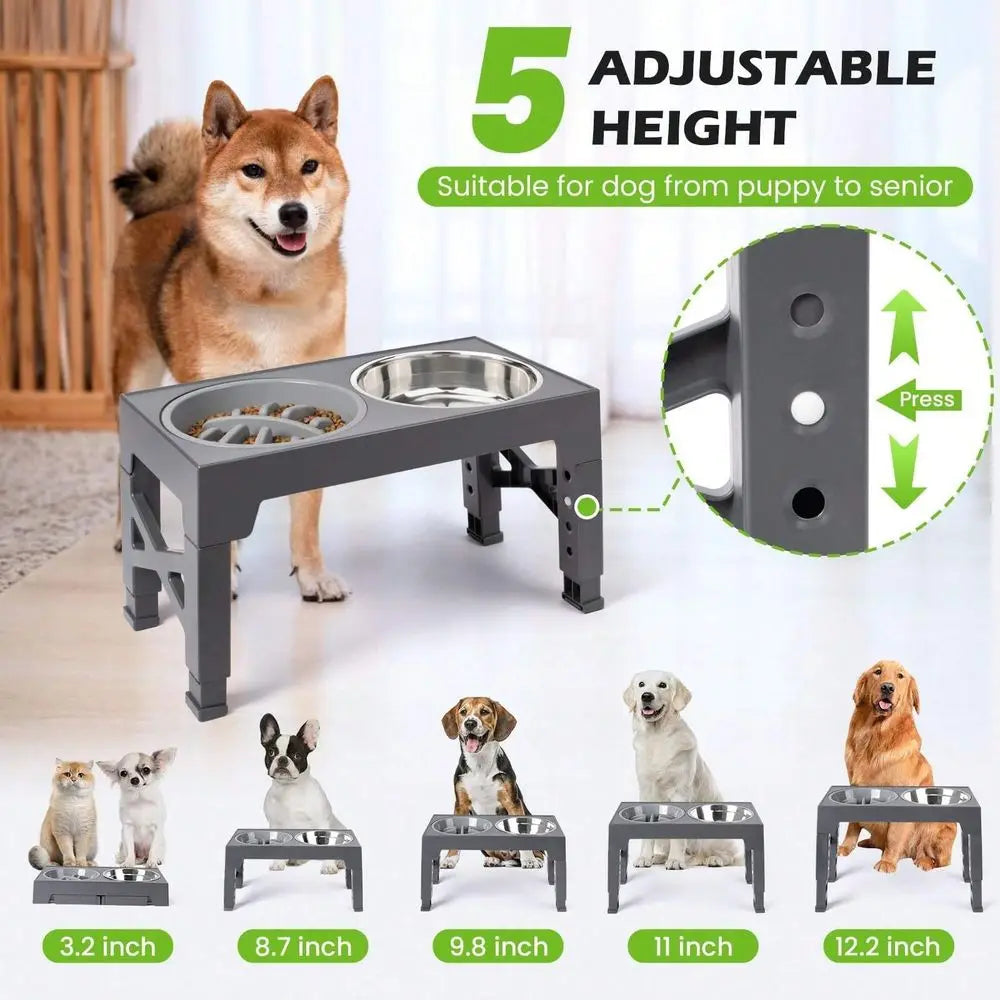 Dog Bowl Dog SuppliesDog Bowls, 5 Adjustable Heights Raised Dog Bowl Stand, With 2 Stainless Steel Dog Food Bowls And 1 Slow Fee