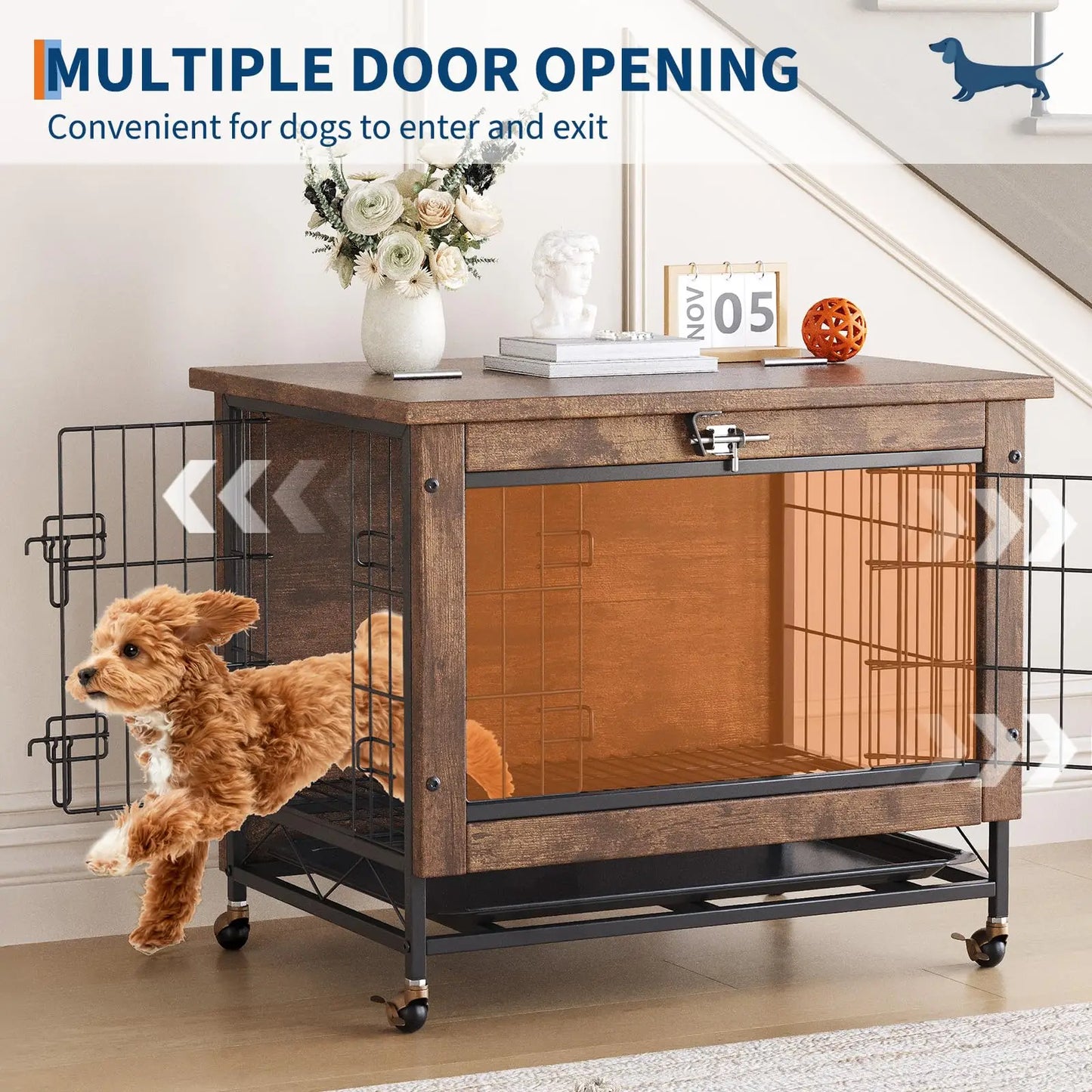 26" Wooden Dog Crate Furniture With Wheels Indoor Pet Kennel End Table Dual Door Chew-Proof Small Dog Cage With Removable Tray