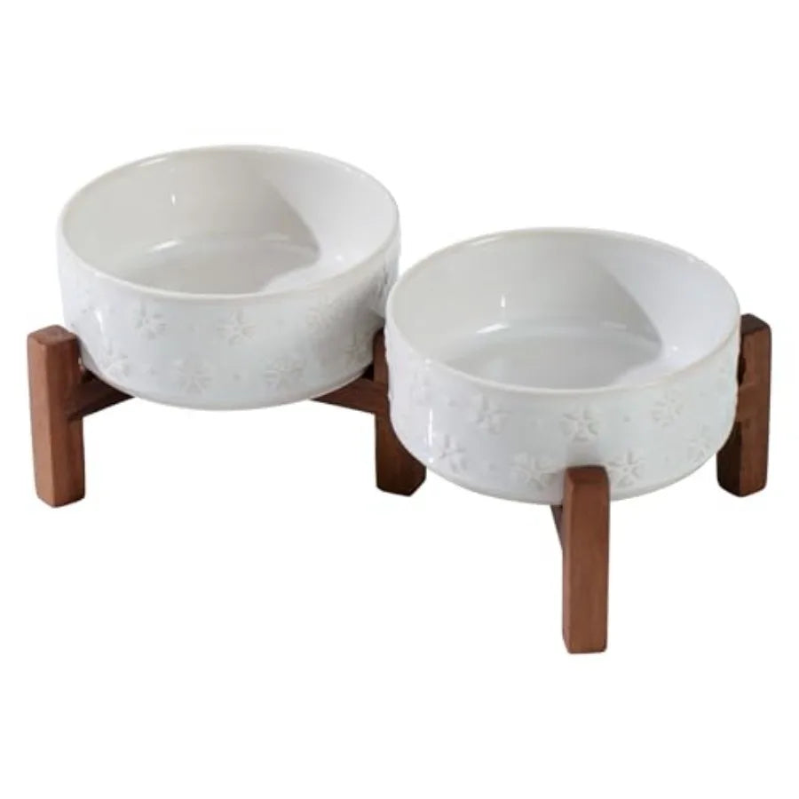 6.1" Elevated Dog Bowls Ceramic Raised Dog Bowl with Non-Slip Stand Acacia Wood Two Height Options, Dog Food and Water Bowl for