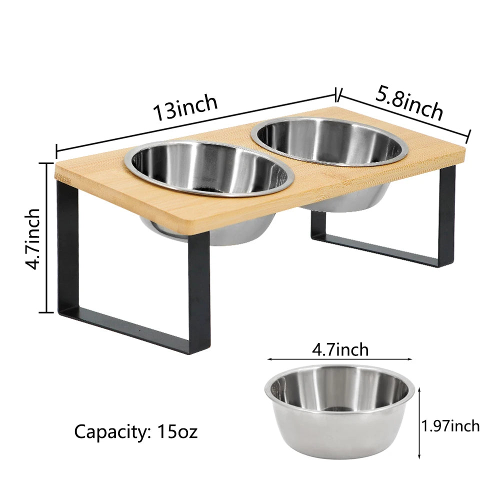 Elevated Cat Bowls 15° Tilted Raised Cat Food Bowls with Wooden Stand Anti Vomiting 2 Stainless Steel Bowls for Cats and Puppy