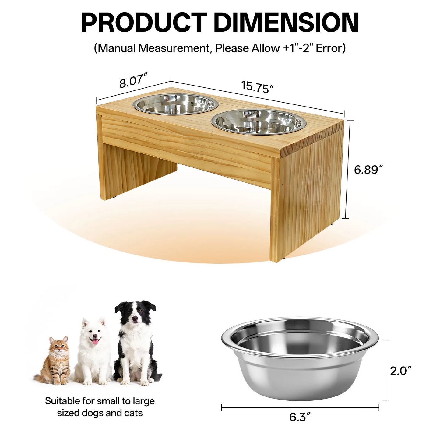 Wooden Elevated Dog Bowls, Raised Pet Feeder with Stainless Steel Double Bowls, Non-Slip Dog Food Water Stand for Medium Large Dogs
