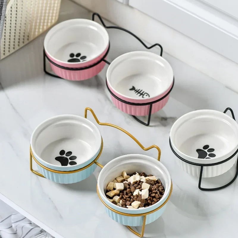Single Or Double Tilt Bowl Ceramic Bowl for Dog Cat Puppy Kitten Elevated Food Feeder Drinker Pet Water Bowl Pet Supplies