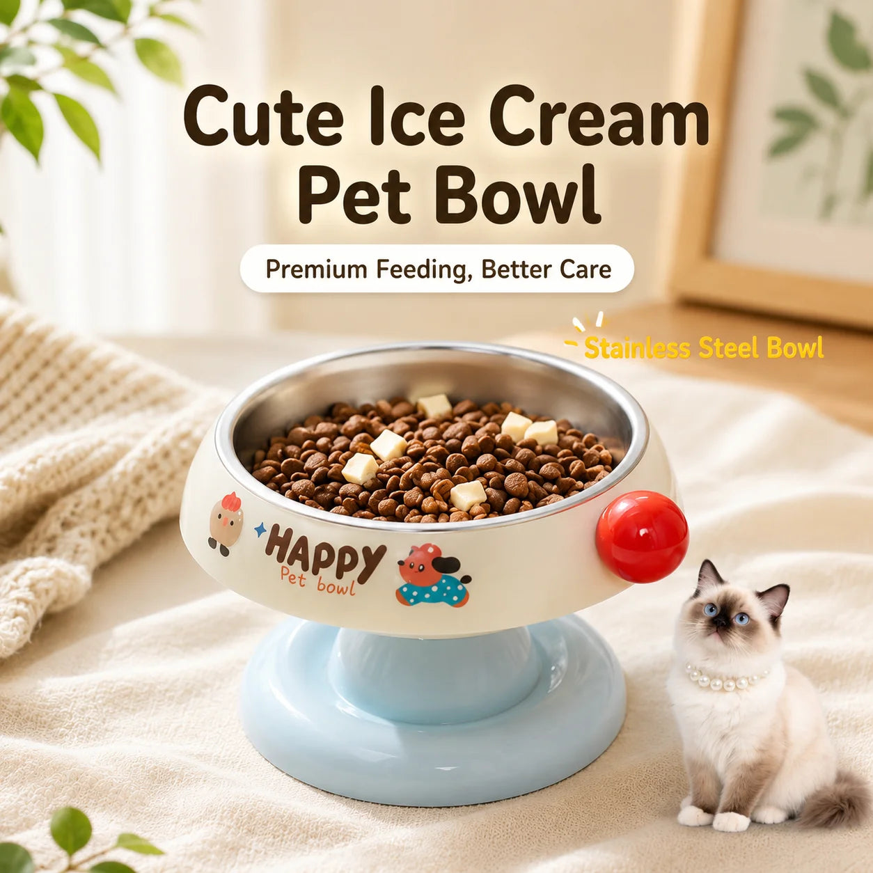 Stainless Steel Elevated Cat Dog Bowl Detachable Anti-Tip Pet Feeding Bowl Cute Food Water Bowl with Neck Support