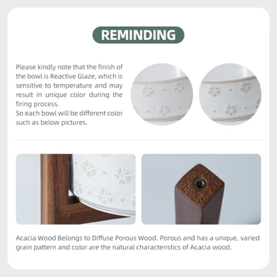 6.1" Elevated Dog Bowls Ceramic Raised Dog Bowl with Non-Slip Stand Acacia Wood Two Height Options, Dog Food and Water Bowl for