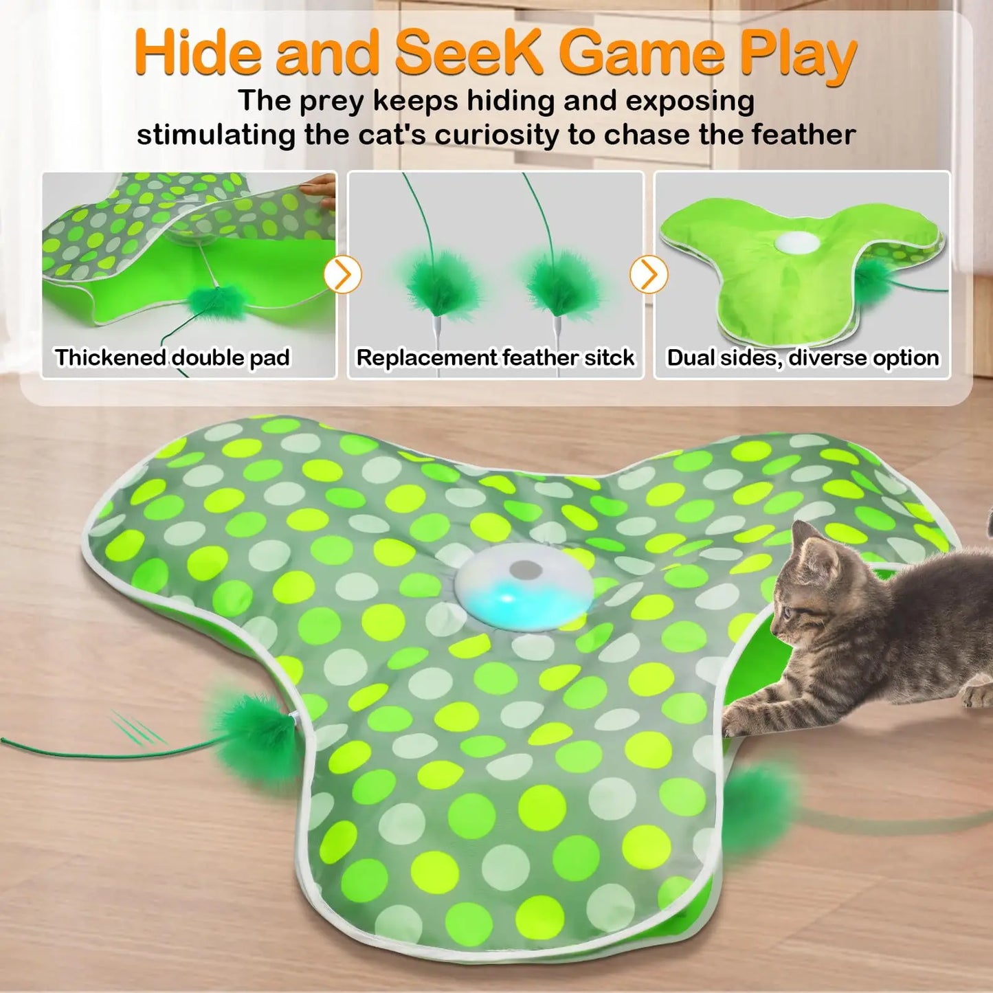 Smart Cat Toys Interactive Hide and Seek Cat Toy with Mouse Squeaky Motion Activated Moving Concealed Feathers Kitten Teaser Toy