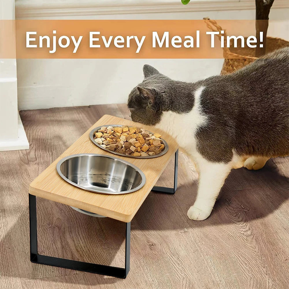 Elevated bamboo board painted cat bowl  tilt bracket anti-vomiting elevated cat bowl stainless steel cat bowls puppy bowl