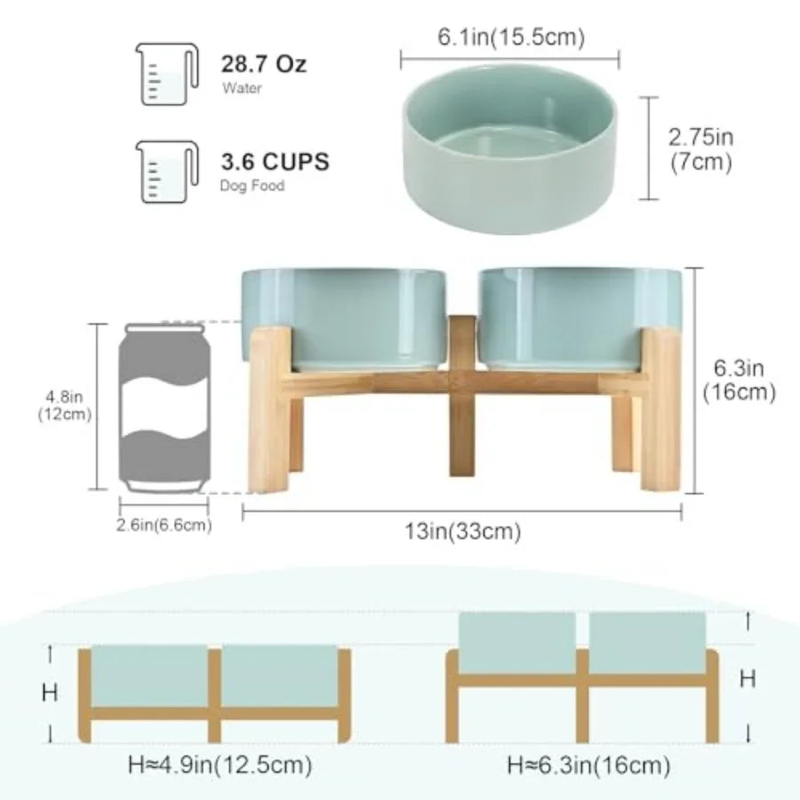 Elevated Dog Bowls Ceramic 6.1'' Dogs and Cat Food Water Bowls Raised with Non-Slip Bamboo Stand for Medium Sized Breed Microwa