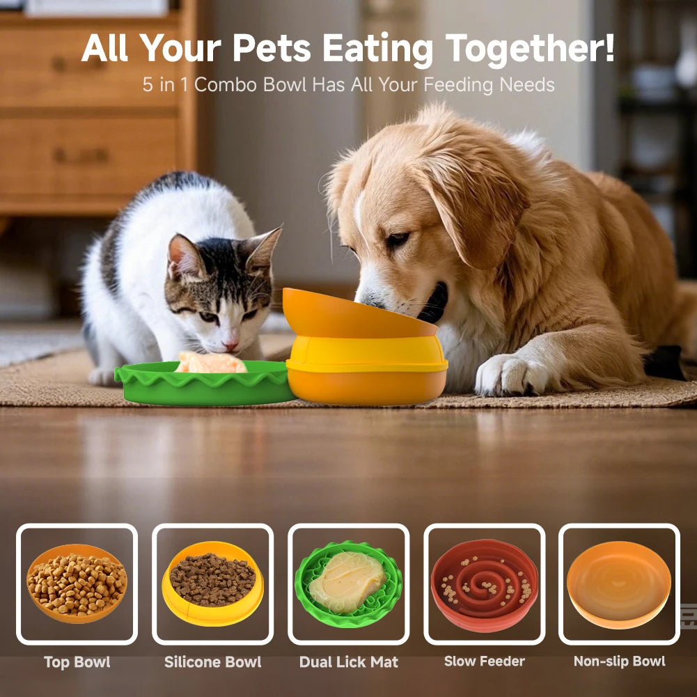Pet Bowls Elevated Bowl Slow Feeder Lick Mat Non-slip Bowl Tilted Bowl 5-in-1 Burger Set Cat Dog Food Pet Bowls for Dog Cat Food