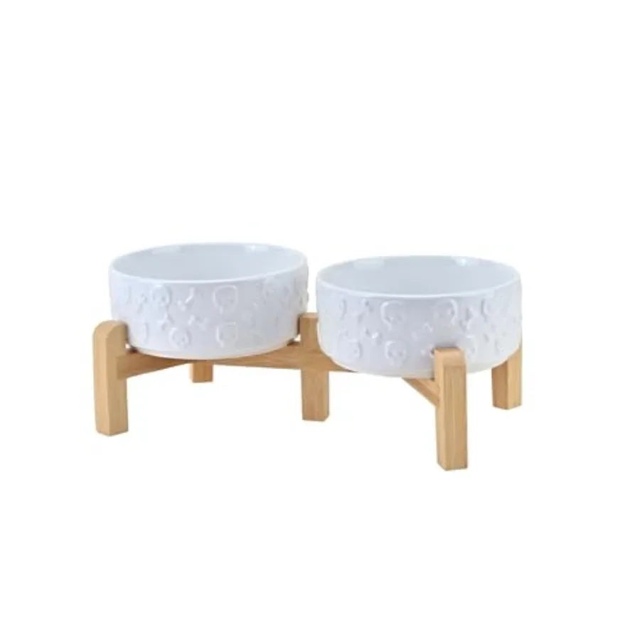 Elevated Dog Bowls Ceramic 6.1'' Dogs and Cat Food Water Bowls Raised with Non-Slip Bamboo Stand for Medium Sized Breed Microwa