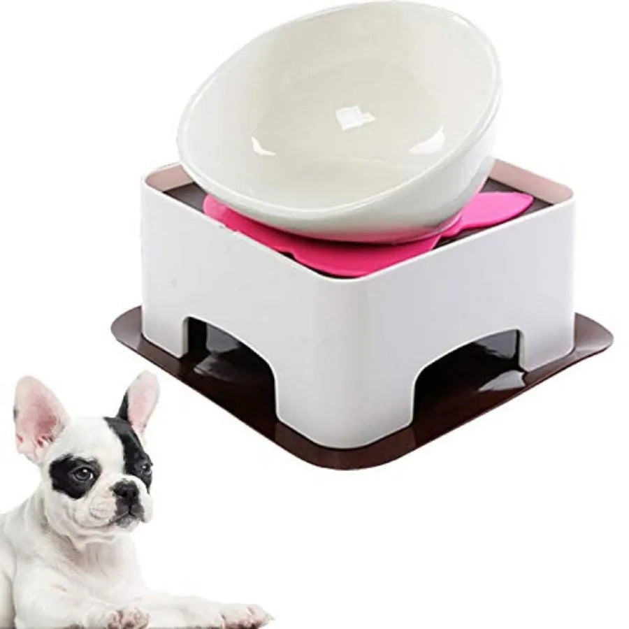 Bulldog Bowl Ceramic Dog Food Bowl - Dog Cat Dish Wide Mouth Dog Bowl Pet Sterile Tilted Pet Feeder with Anti-Skid Rubber Mat M