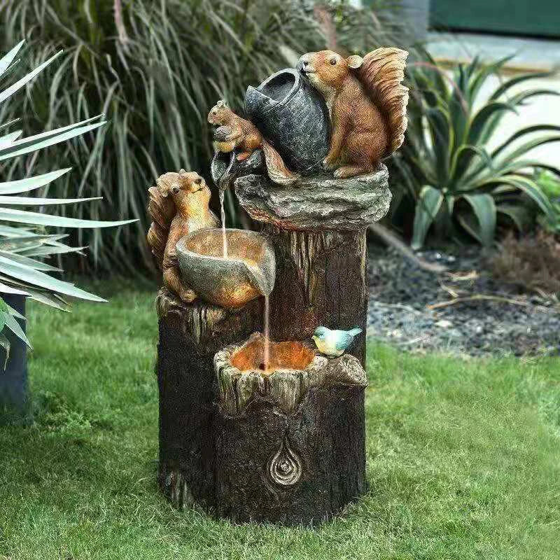 D2 Solar Power Resin Patio Fountain Garden Design With Led Light Duck Squirrel Garden Buildings Simulation Decoration Outdoor