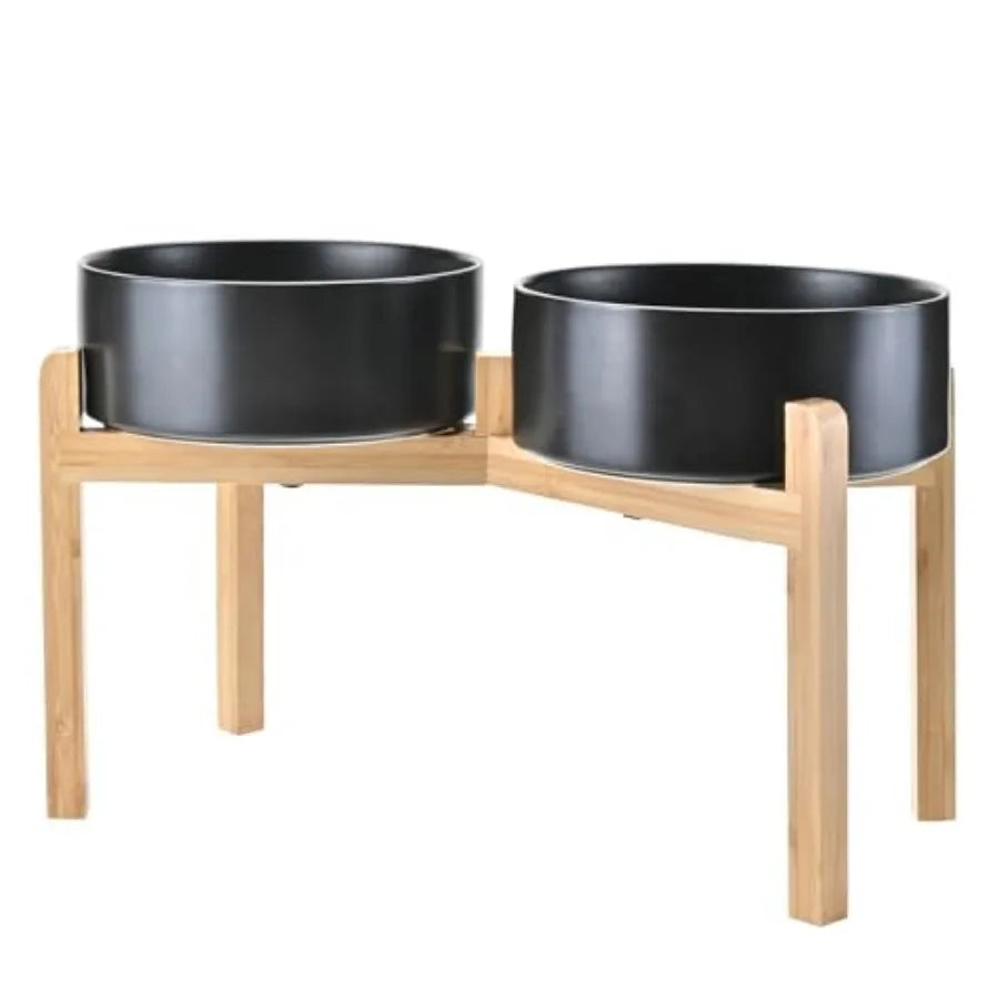 Elevated Dog Bowls Ceramic 6.1'' Dogs and Cat Food Water Bowls Raised with Non-Slip Bamboo Stand for Medium Sized Breed Microwa