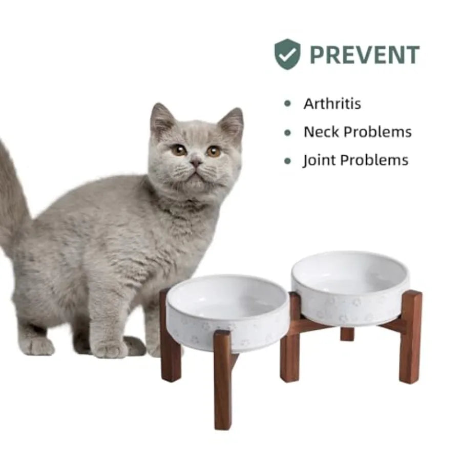 6.1" Elevated Dog Bowls Ceramic Raised Dog Bowl with Non-Slip Stand Acacia Wood Two Height Options, Dog Food and Water Bowl for