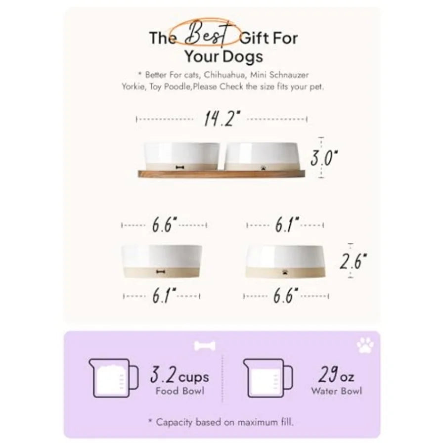 Ceramic Dog Bowls for Medium Small Dogs - 3.2 Cup Medium Dog Food and Water Bowls with Acacia Wood Tray Dual Food and Water Bow