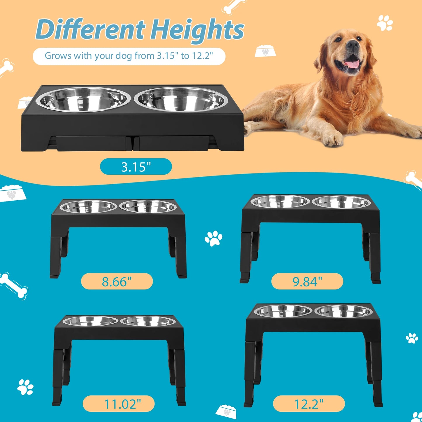 Elevated Dog Bowls with 2 Stainless Steel Dog Food Bowls, Raised Dog Bowl Adjusts to 5 Heights (3.15", 8.66", 9.84",11.02", 12.2