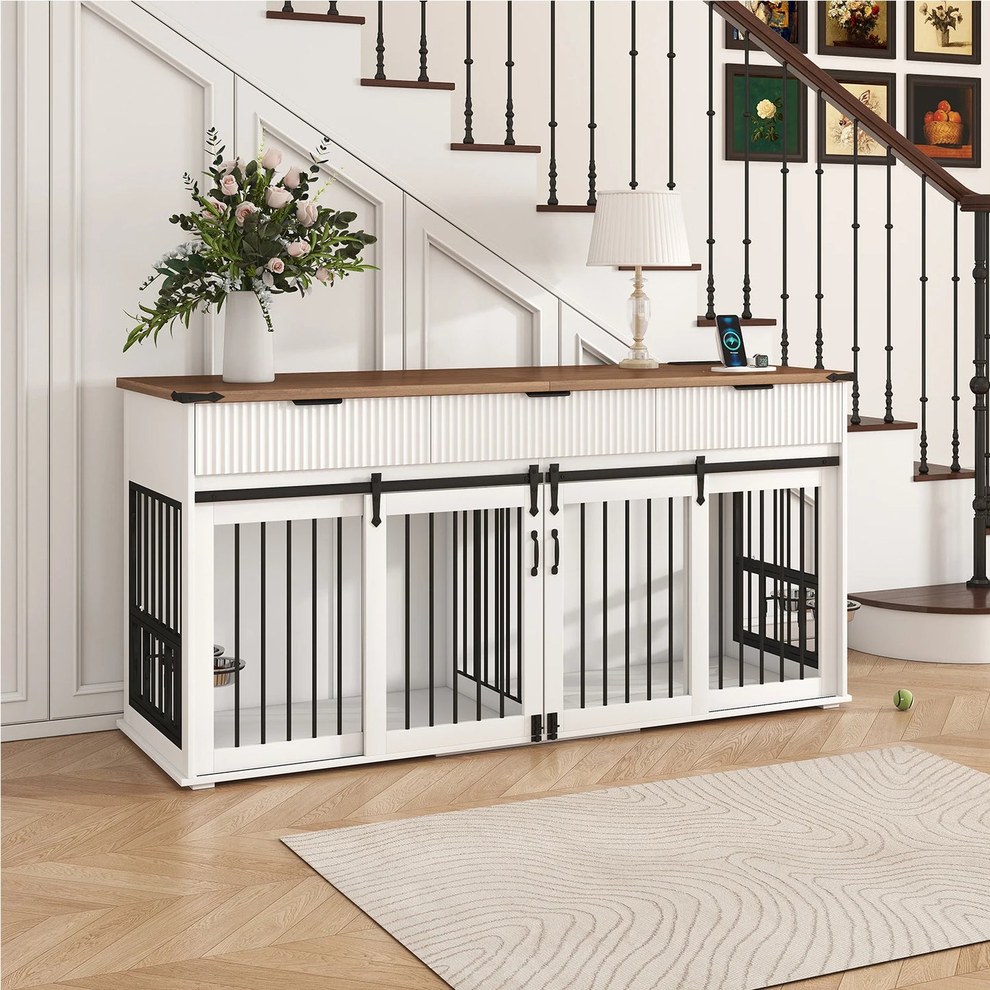 71 inch Pet Dogs Furniture Large Dog House Kennel with 3 Slot Drawers,Waterproof Walnut Tabletop,Power Socket,Feeder Bowls