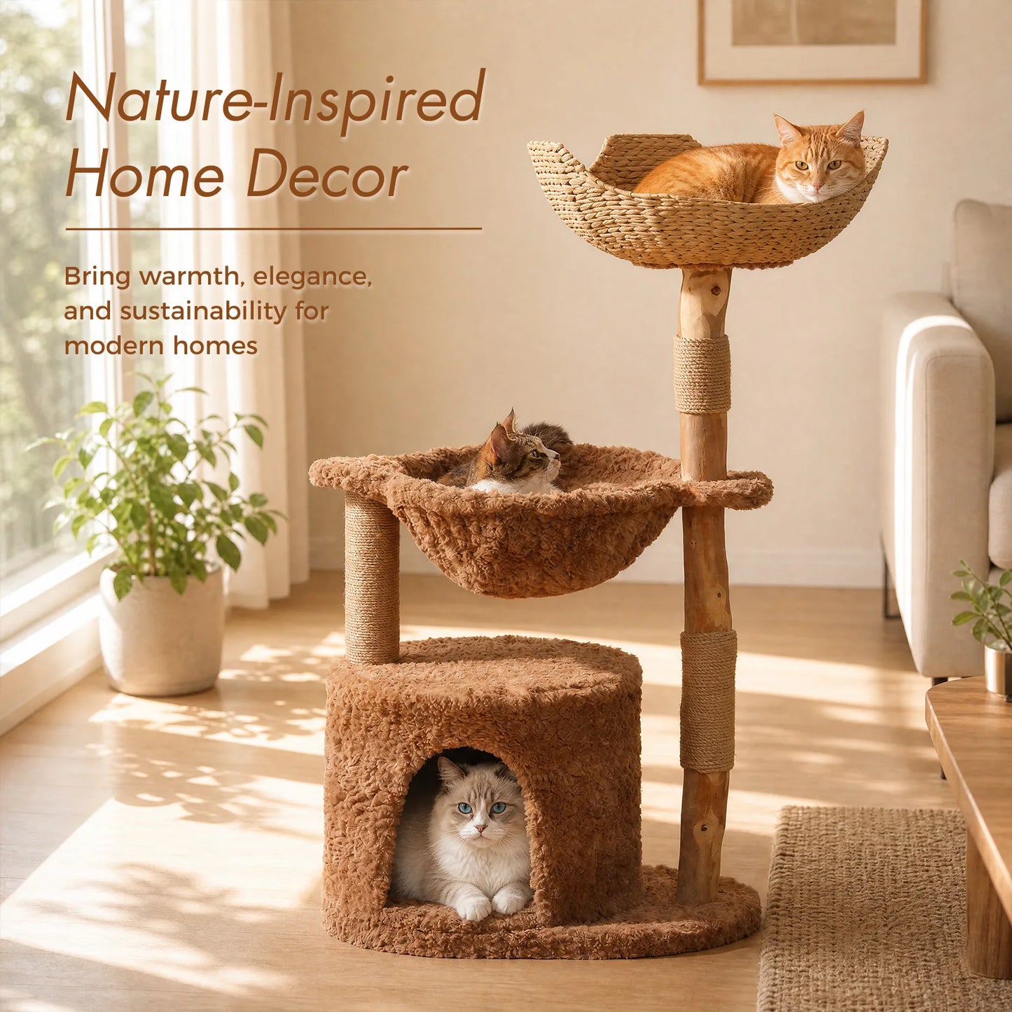 Modern Cat Tree with Large Wicker Basket Natural Solid Wood Scratching Posts Spacious Condo Hammock Luxury Cat Tower for Indoor Cat Toys