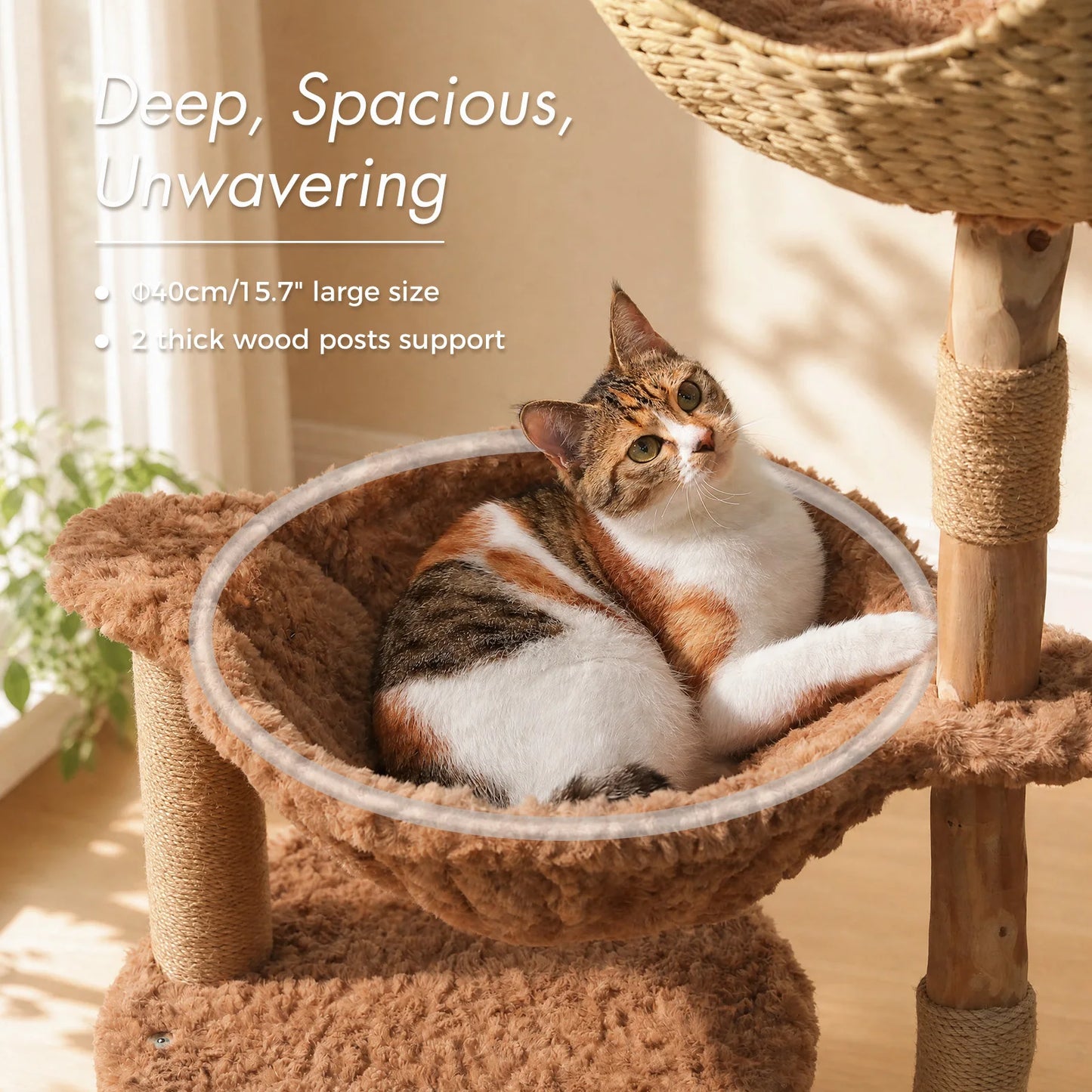 Modern Cat Tree with Large Wicker Basket Natural Solid Wood Scratching Posts Spacious Condo Hammock Luxury Cat Tower for Indoor Cat Toys