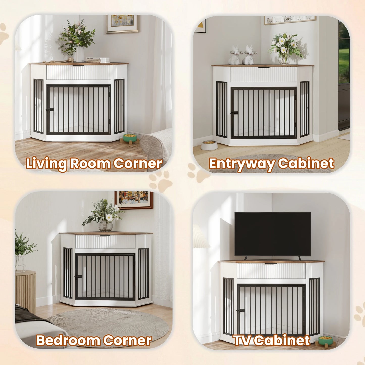 44.6'' Corner Dog Crate Furniture with Fluted Storage Drawer,Wooden Dog Kennel End Table for TV Stand,Decorative Pet Crate