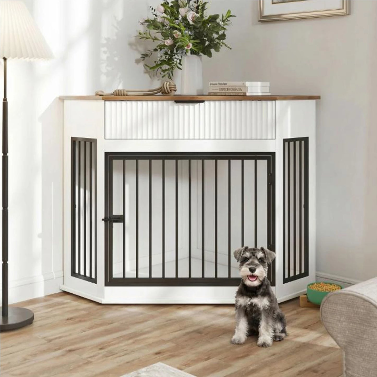 44.6'' Corner Dog Crate Furniture with Fluted Storage Drawer,Wooden Dog Kennel End Table for TV Stand,Decorative Pet Crate