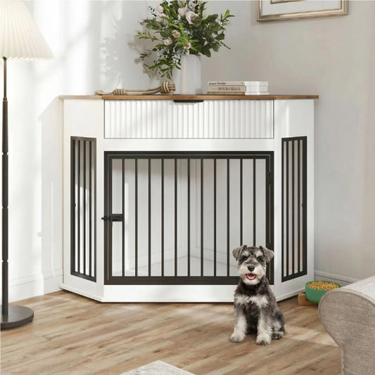 44.6'' Corner Dog Crate Furniture with Fluted Storage Drawer,Wooden Dog Kennel End Table for TV Stand,Decorative Pet Crate