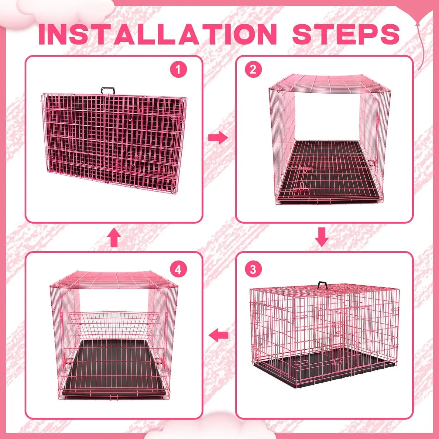 48 Inch Pink Wire Metal Dog Crate for Indoor/Outdoor and Travel, Folding with Divider Panel, Double - Door and Tray