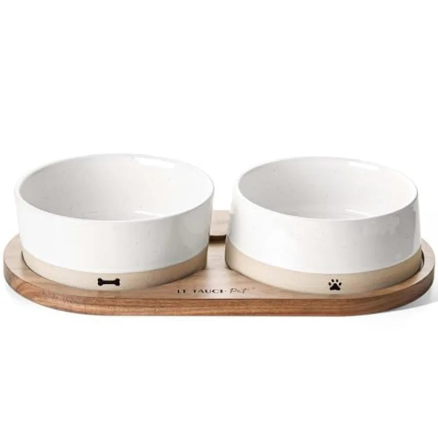 Ceramic Dog Bowls for Medium Small Dogs - 3.2 Cup Medium Dog Food and Water Bowls with Acacia Wood Tray Dual Food and Water Bow
