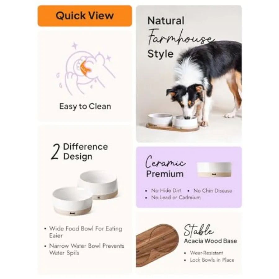 Ceramic Dog Bowls for Medium Small Dogs - 3.2 Cup Medium Dog Food and Water Bowls with Acacia Wood Tray Dual Food and Water Bow