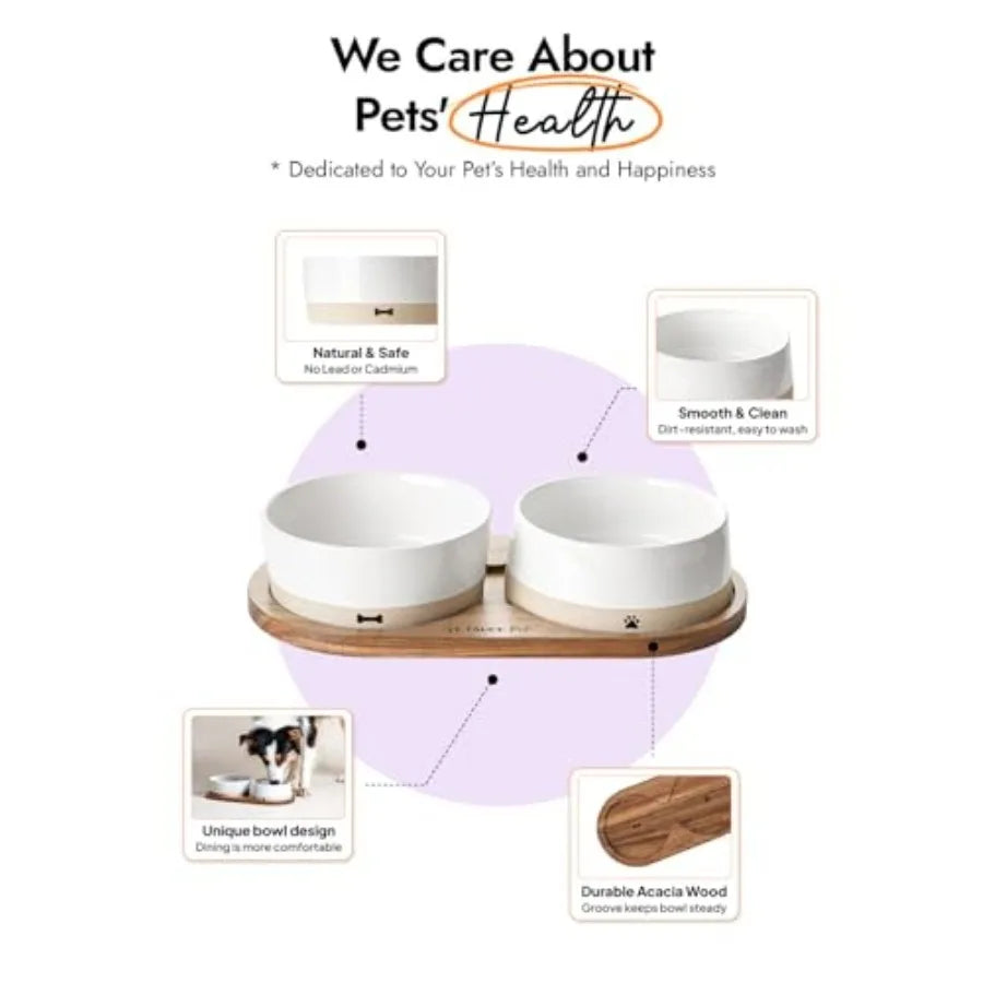 Ceramic Dog Bowls for Medium Small Dogs - 3.2 Cup Medium Dog Food and Water Bowls with Acacia Wood Tray Dual Food and Water Bow