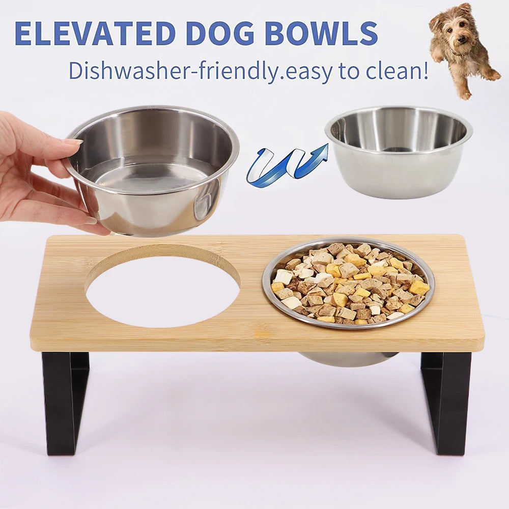Elevated bamboo board painted cat bowl  tilt bracket anti-vomiting elevated cat bowl stainless steel cat bowls puppy bowl