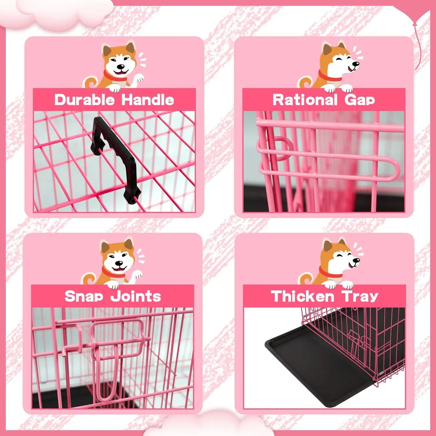 48 Inch Pink Wire Metal Dog Crate for Indoor/Outdoor and Travel, Folding with Divider Panel, Double - Door and Tray