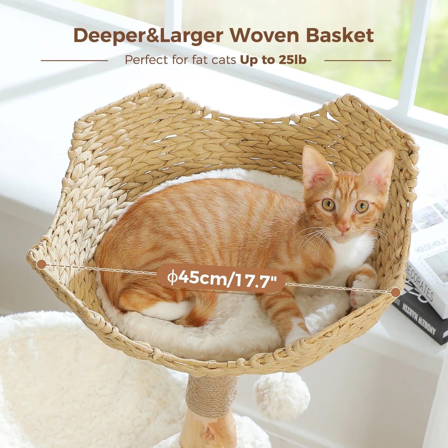 Modern Cat Tree with Large Wicker Basket Natural Solid Wood Scratching Posts Spacious Condo Hammock Luxury Cat Tower for Indoor Cat Toys
