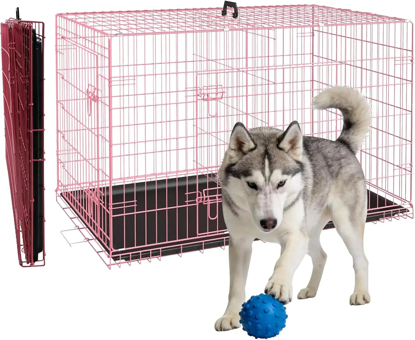 48 Inch Pink Wire Metal Dog Crate for Indoor/Outdoor and Travel, Folding with Divider Panel, Double - Door and Tray