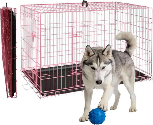 48 Inch Pink Wire Metal Dog Crate for Indoor/Outdoor and Travel, Folding with Divider Panel, Double - Door and Tray
