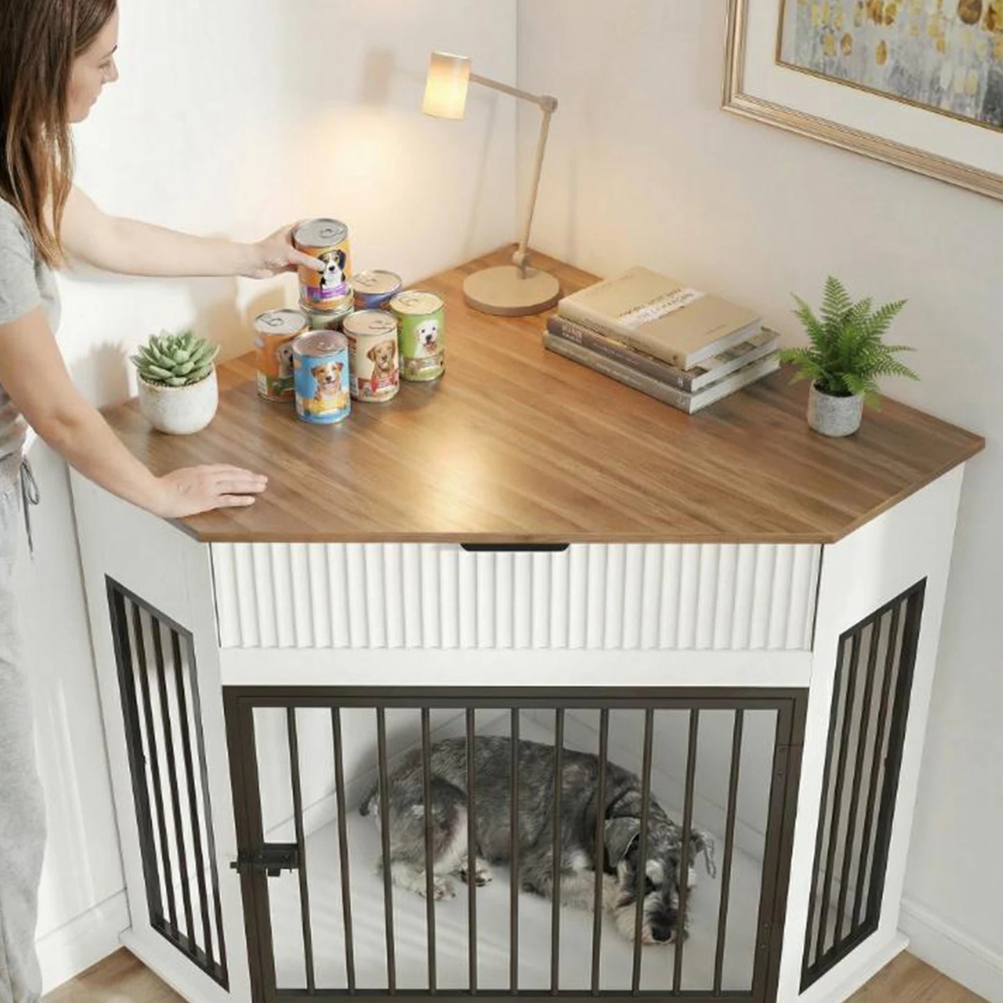 44.6'' Corner Dog Crate Furniture with Fluted Storage Drawer,Wooden Dog Kennel End Table for TV Stand,Decorative Pet Crate