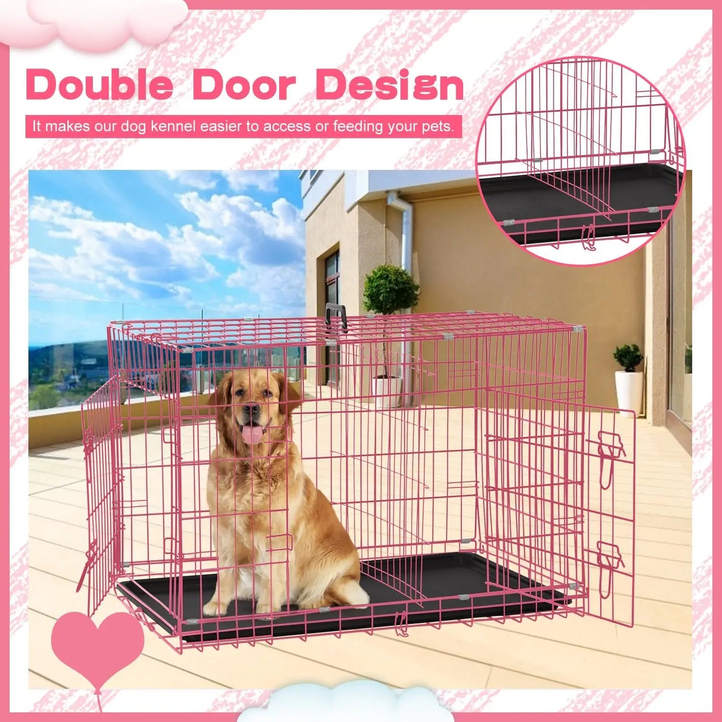 48 Inch Pink Wire Metal Dog Crate for Indoor/Outdoor and Travel, Folding with Divider Panel, Double - Door and Tray