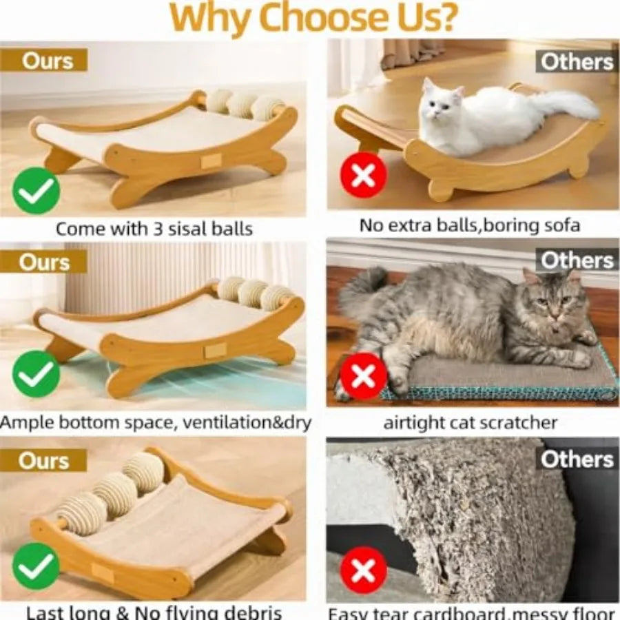 Cat Scratcher Bed Bone Shape Wooden Cat Sofa Bed with Ball Toy Indoor Cat Scratching Lounge Bed Durable Pet Recliner for Cats