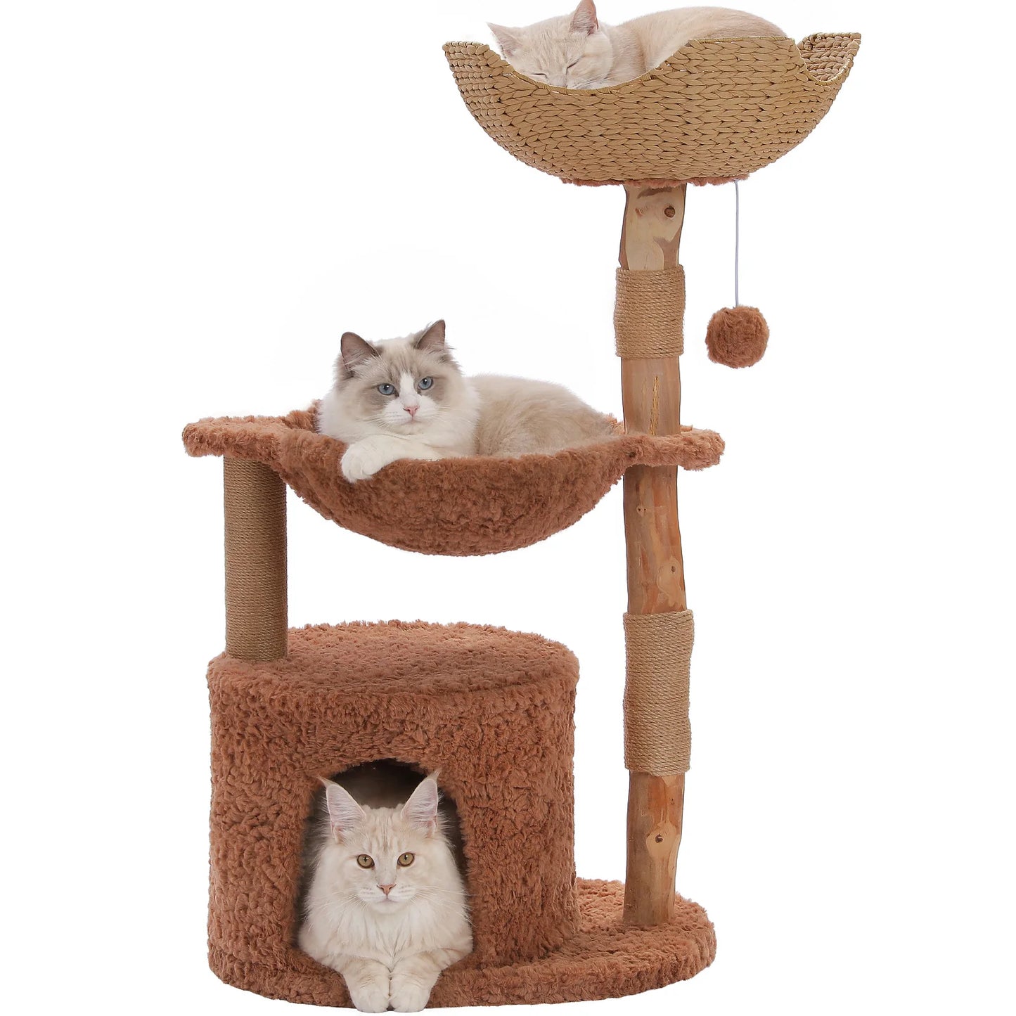 Modern Cat Tree with Large Wicker Basket Natural Solid Wood Scratching Posts Spacious Condo Hammock Luxury Cat Tower for Indoor Cat Toys